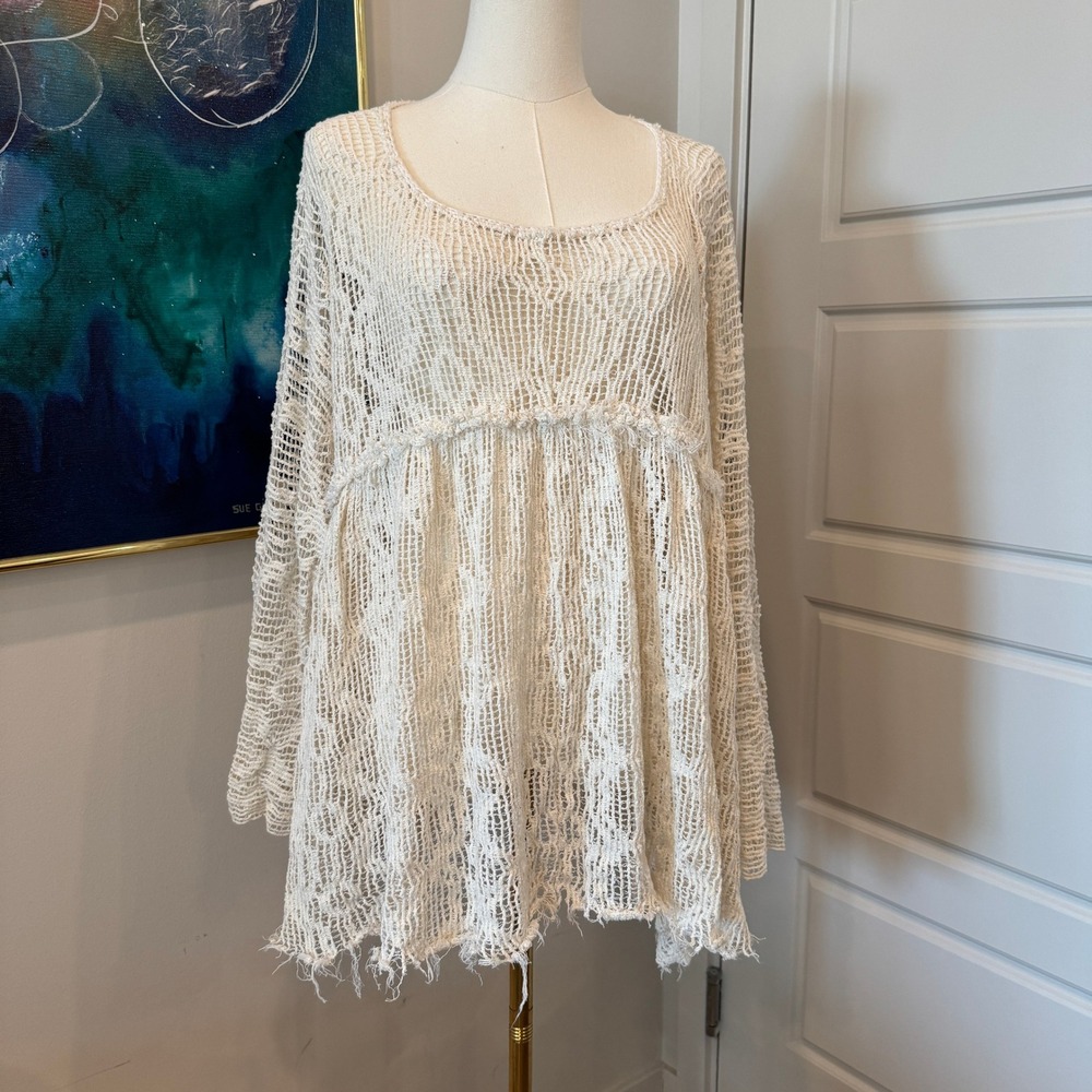Free People Cream Open Knit Crochet Babydoll Tunic Top Frayed Hem XS/S